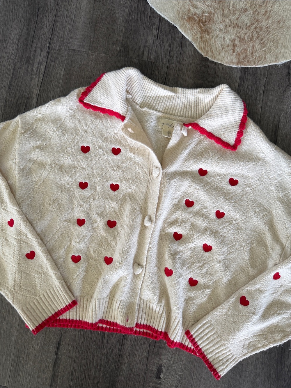 Cream Heart-Appliqué Button-Up Cardigan with Red Trim